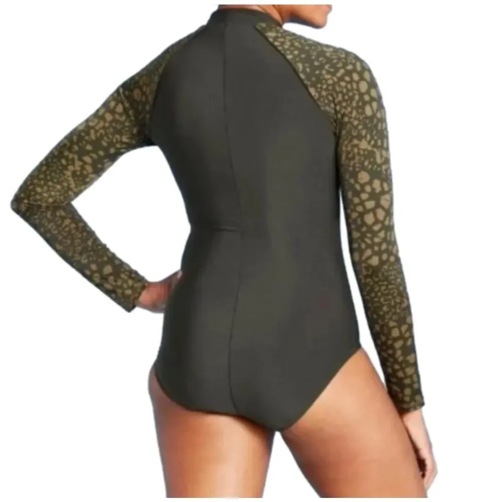 All in Motion Women's Long Sleeve One-Piece Rash Guard Swimsuit Green Leopard M